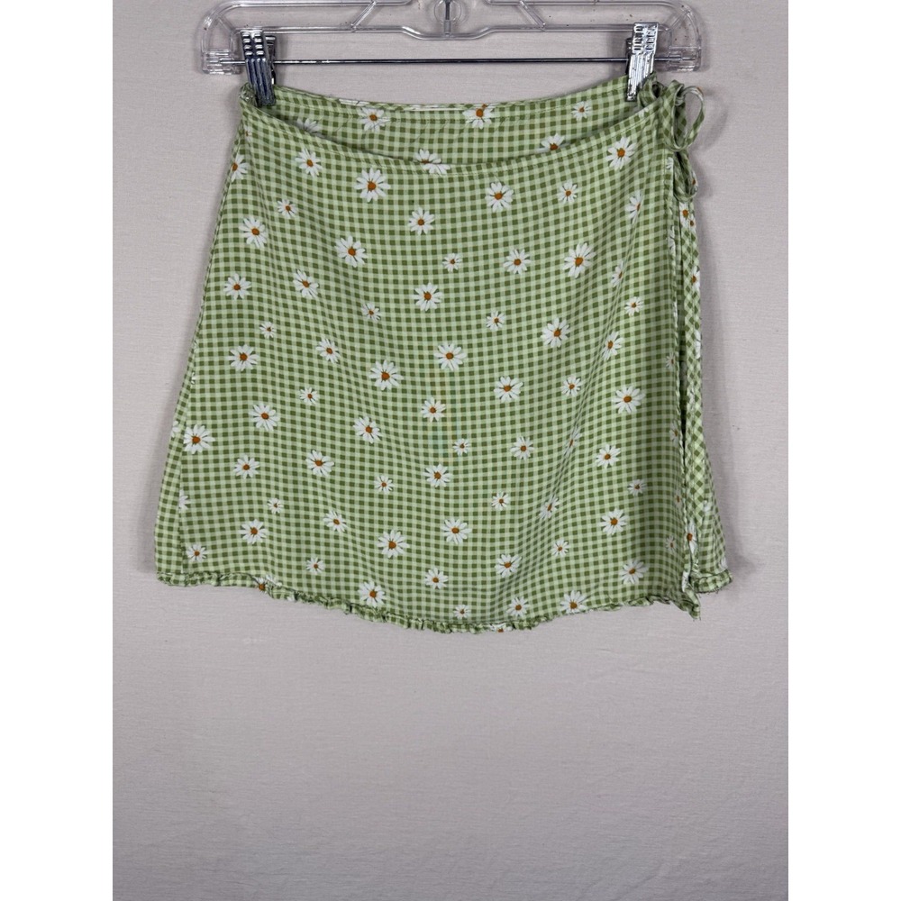 Live To Be Spoiled Green Gingham Daisy Floral Wrap Minin Skirt Womens Med
